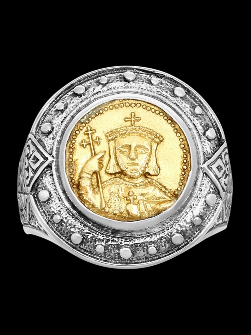 KONSTANTINO 925 Sterling Silver & Bronze Byzantium Coin Cross Ring Size 10